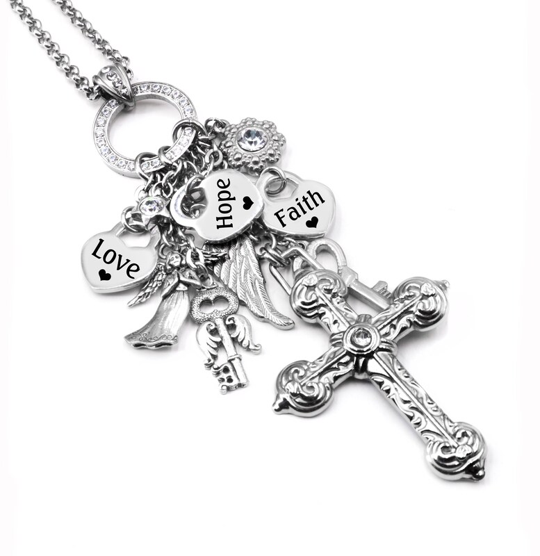 Cross Charm Necklace, Religious Jewelry, Faith Hope Love
